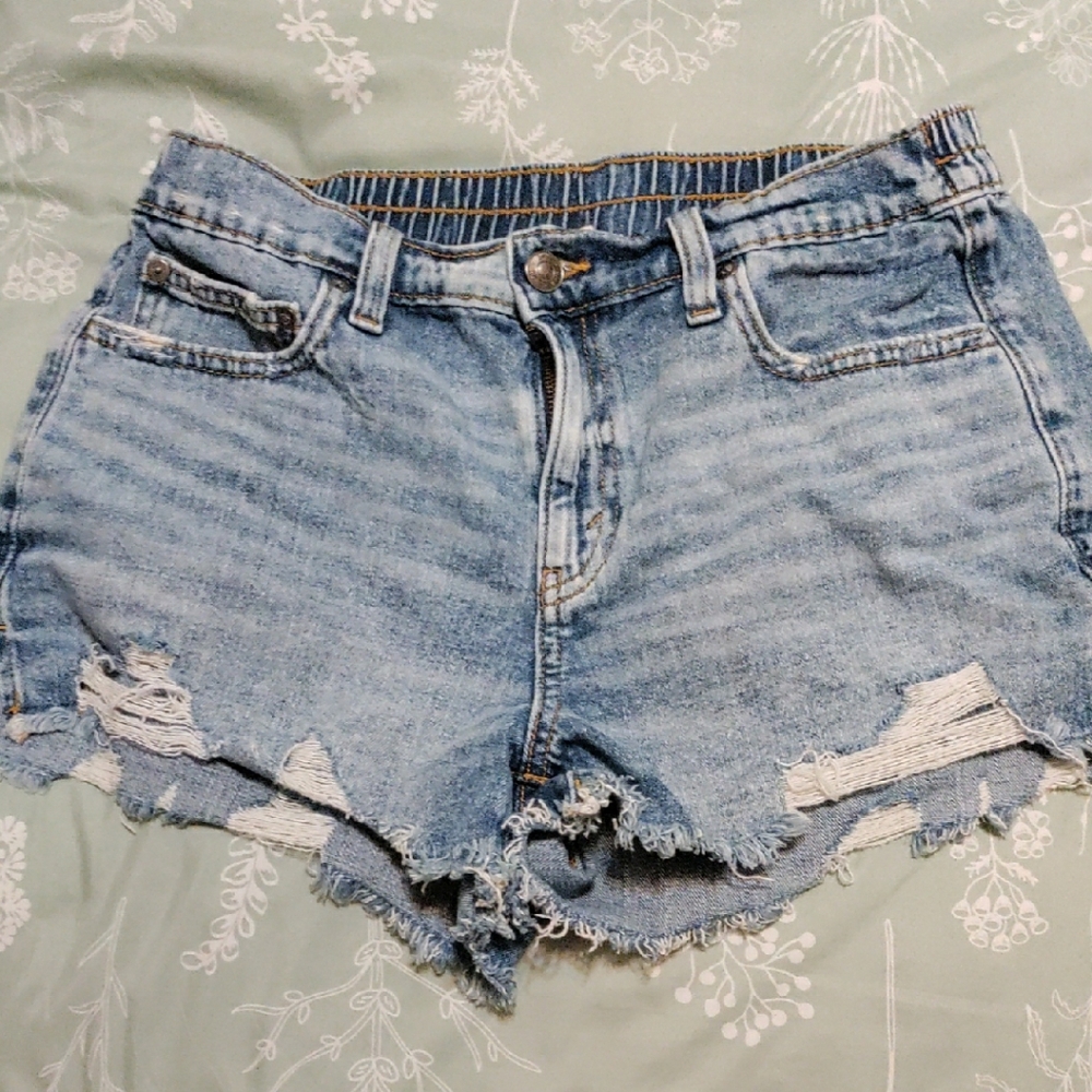 Aerie Blue High-Waisted Distressed Jean Shorts